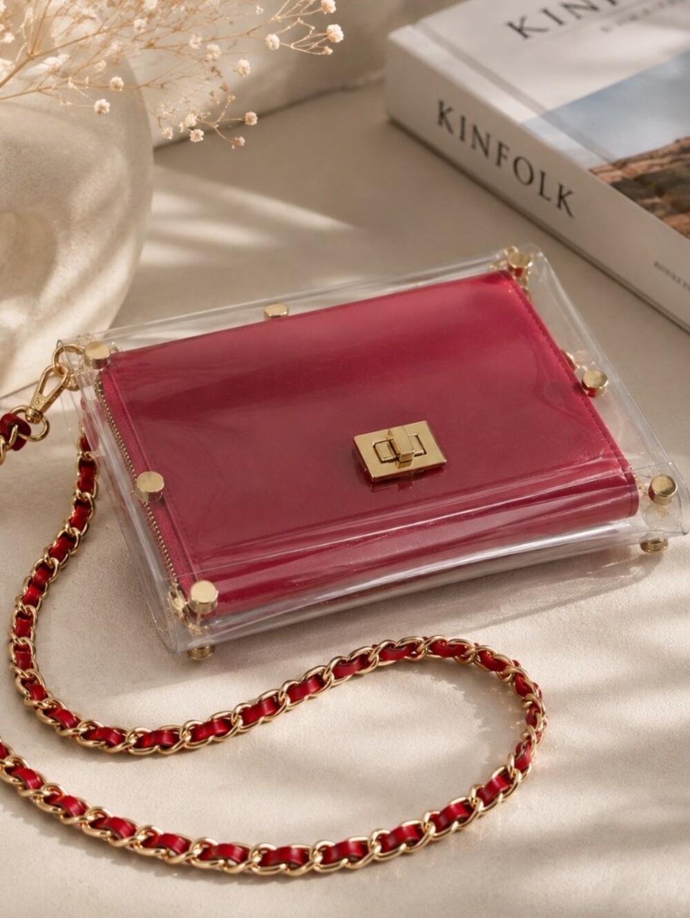 Clear Crossbody Bag with Red Pouch and Gold Chain